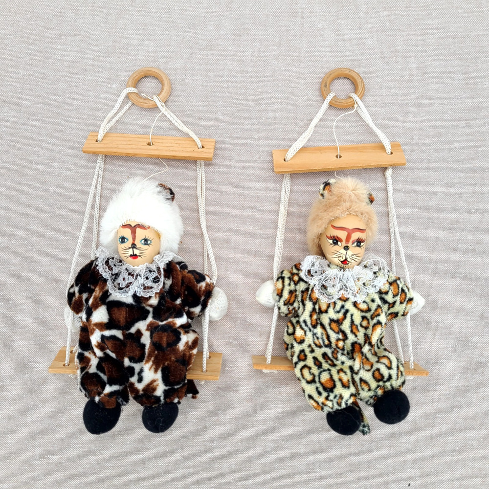 Vintage Cat Clown Dolls on Swing Marionette Painted Face Porcelain Leopard Print